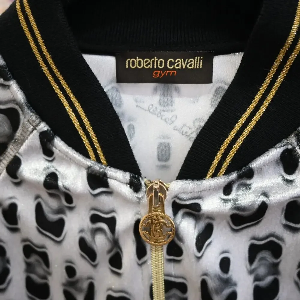 Roberto Cavalli Gym Gray Velour Leopard Print Bomber Jacket Size 38 Approx US 2